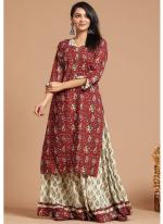 Cotton Maroon Traditional Wear Printed Readymade Kurti With Plazzo